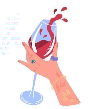 Hand holding a glass of wine. Cheers or drinking toast. Glass with red wine in female hand. Success celebration. Ideal for printing postcards and posters. Modern cartoon vector illustration.