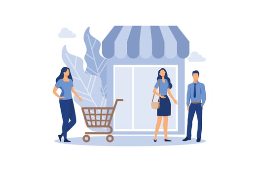various shops, discounts, purchase of goods and gifts, investing in real estate, shopping concept vector flat modern design illustration