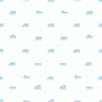 Seamless pattern with cute hand drawn pastel toy cars cartoon on white background with grid vector illustration