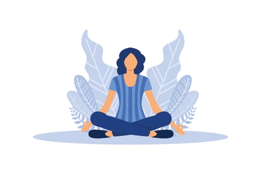 the concept of meditation, the health benefits for the body, mind and emotions, the girl sits in the lotus position, the thought process, the inception and the search for ideas vector flat design