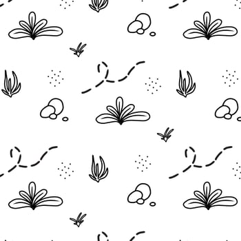 Childish  pattern with plants and stones. Abstract pattern.Doodle style. Vector illustration. Pattern with grass and bushes.