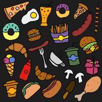 Doodle fast food icons. Fast food set icons, fastfood background.  food icons on black background. hand drown vector illustration with fast food icons