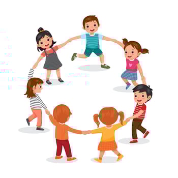 Group of cute happy little children, boys and girls, holding hands and dancing in circle, having fun playing together with smile on their faces vector
