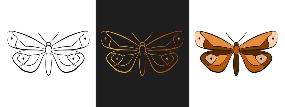 Butterfly animal outline logo design element. Black and gold outline contour, line art style isolated icon set. Beautiful tattoo template. Cartoon insect drawing. vector