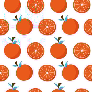 Orange citrus fruit fresh seamless pattern template. Flat colorful fabric print. Mandarin juicy food isolated on white background. Orange slice wrapping paper. vector