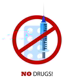 Blister of pills and syringe cartoon colorful vector illustration, isolated on white no drugs concept slogan, health care medicine banner icon, protest refuse symbol sign. Crossed red mark.