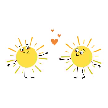 Cute sun character with love emotions, happy face, smile, arms and legs. Person with happy expression and pose. Vector flat illustration