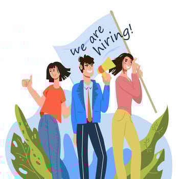 We are hiring - banner concept with business team characters searching for new employee. Recruiting agency or human resources department looking for candidate for vacancy. Flat vector illustration.