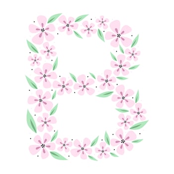 Floral botanical alphabet. Vintage hand drawn letter B. Letter with plants and flowers. Vector lettering isolated on white