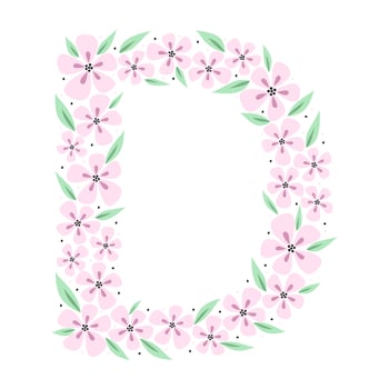 Floral botanical alphabet. Vintage hand drawn letter D. Letter with plants and flowers. Vector lettering isolated on white