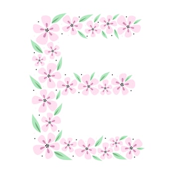 Floral botanical alphabet. Vintage hand drawn monogram letter E. Letter with plants and flowers. Vector lettering isolated on white