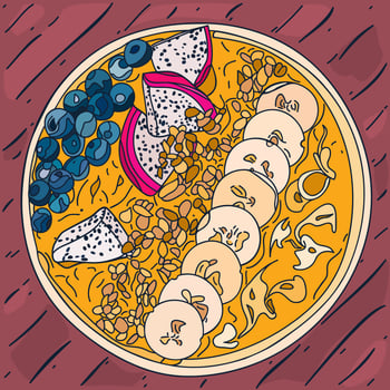 Flat lay Smoothie bowl, Acai bowl with blueberry, banana, dragonfruit and granola. Healthy breakfast. Great for Spring or Summer backgrounds, cards, banners. Vector