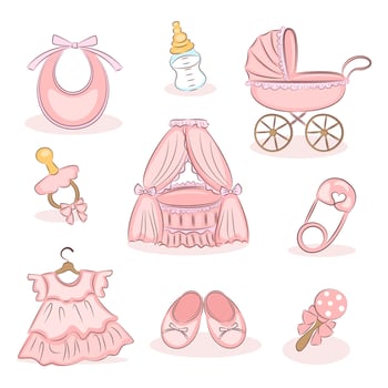 Set of pink color baby supplies for a girl, Baby clothes and accessories, motherhood concept, baby shower, vector set, isolated elements