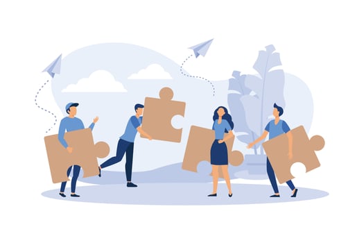 Team metaphor. people connecting puzzle elements. Vector illustration flat design style. Symbol of teamwork, cooperation, partnership vector, flat design modern illustration