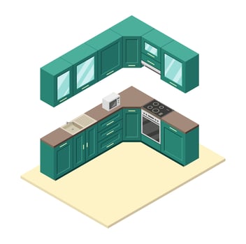 Vector isometric illustration, 3d kitchen interior, furniture, food preparation equipment, household appliances