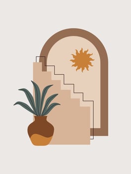 Modern abstract aesthetic background of geometric shapes, vase, stairs and plants. Wall decor in boho style. Mid century vector print for cover, wallpaper, card, social media, interior decor