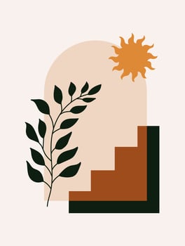 Modern abstract aesthetic background of geometric shapes, stairs and plants. Wall decor in boho style. Mid century vector print for cover, wallpaper, card, social media, interior decor