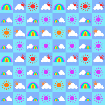 Cute seamless tile pattern, vector design. Blue tone background with sun, cloud and rainbow in boxes.. For use as paper, cloth, textile printing industrial.