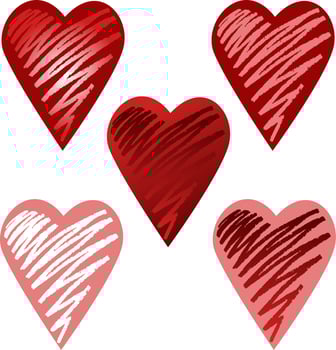 Collection Red and white heart on pink and red background, hand-drawn, isolated on transparent background. A design element. Vector illustration
