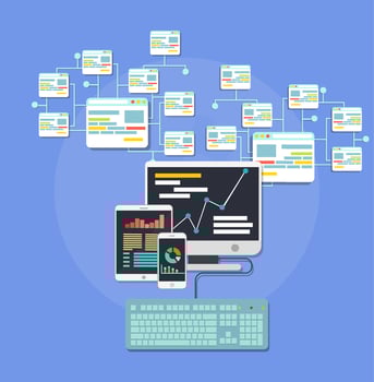 Design web interface website computer. Development responsive mobile, tablet, laptop UI screen. Digital technology site device vector. Banner sign network business coding flat illustration vector