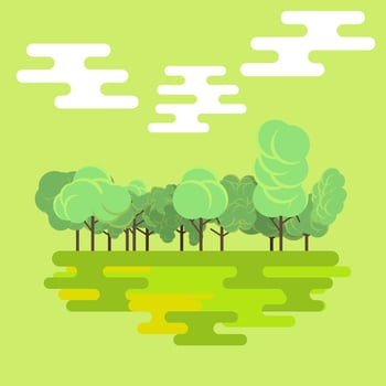 Flat forest green nature landscape background isolated vector. Natural tree beautiful tropical color. Summer season design organic botanical environment illustration. Colorful leaves foliage art set vector