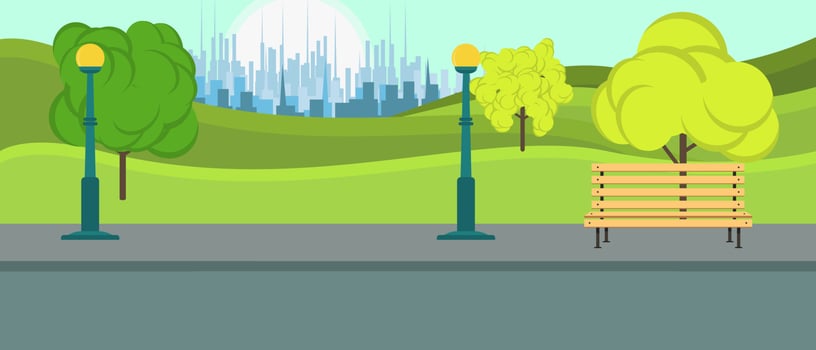 Public park city vector. Leisure season environment landscape natural with bench background. Playground summer flat relax activity illustration fun. Outdoors banner concept scenic. Cartoon amusement vector