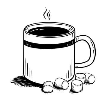 Coffee with marshmallows hand-drawn in the style of doodle Good for printing. Vector illustration isolated on a white background