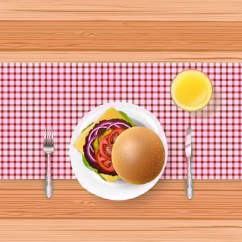 Fast food with fork and knife on wooden table vector