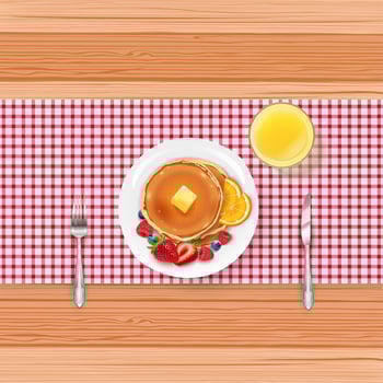 Breakfast food menu with pancakes and berries on wooden table vector