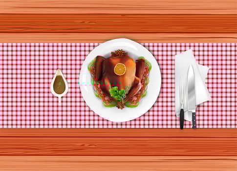 Roasted turkey bird on white plate with fork and knife on wooden table vector