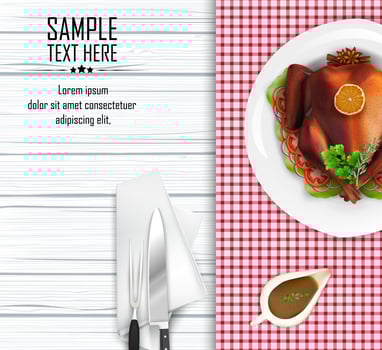 Roasted turkey bird on white plate with fork and knife on wooden table vector