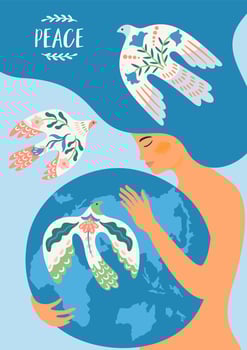 Peace. Woman and dove of peace. Vector illustration. Elements for card, poster, flyer and other