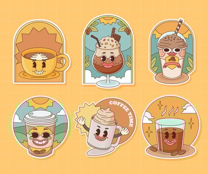 Line Art chunky Hippie Retro hippie stickers, psychedelic groovy set bundle elements. Cute vintage icon logo Label in 70s, 80s, 90s style. Flat vector illustration, cooking design templates.