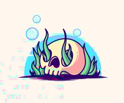 illustration of a skull overgrown with green grass. icon vector, flat cartoon style. vector