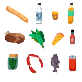 Set of common goods and everyday products we get by shopping in a supermarket. vector