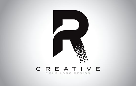 R Initial Letter Logo Design with Digital Pixels Black and White Purple. vector