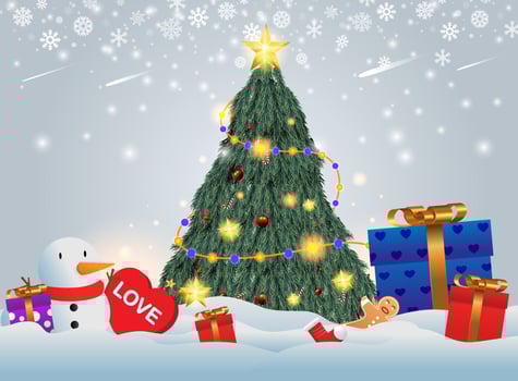 Gifts placed under the Christmas tree. Santa's gift in the snow. Various gifts such as teddy bears, gift boxes and candies. vector