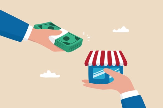 Company buyout, acquisition agreement or take over, selling company offer or merger, franchise business concept, businessman offer money to buy other hand offer company or shop building. vector