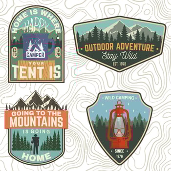 Set of Summer camp patches. Vector. Concept for shirt, stamp, apparel or tee. Vintage design with lantern, pocket knife, campin tent, axe, mountain, campfire and forest silhouette. vector