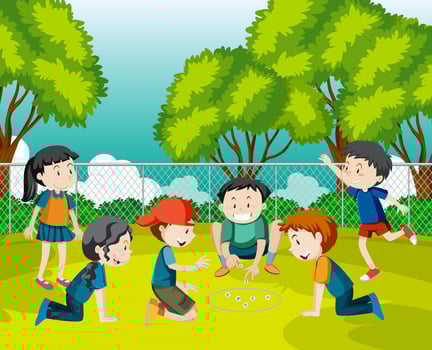 Outdoor park with children playing marbles vector