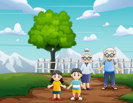 Happy grandparent and grandchild walk through the dirt road vector