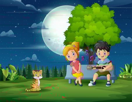 Cartoon happy teenage couple playing guitar and singing in the park vector