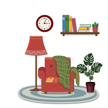 home interior armchair, lamp, clock and bookshelf, color vector illustration flat
