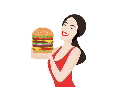 Woman holding hamburger isolated on white background vector illustration