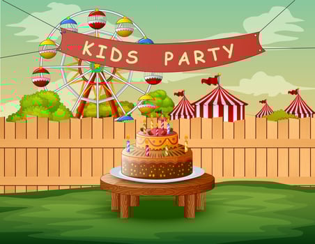 Kids party background and birthday cake on backyard vector