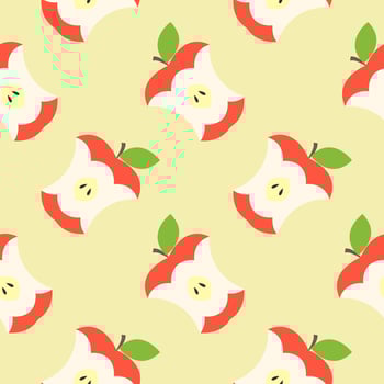 Seamless pattern of bitten apple with green leaves flat vector illustration on color background