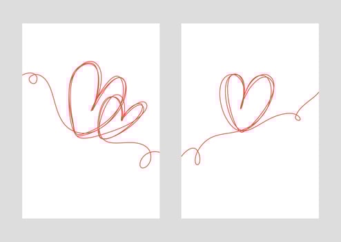 Set of posters with heart. Continuous one line drawing of red heart on white background. Thin line of love icon. Vector illustration