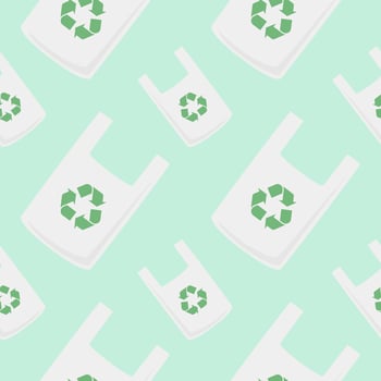 Plastic bag icon isolated seamless pattern with recycle symbol. Disposable cellophane and polythene package prohibition sign. Vector Illustration