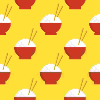 rice bowl with chopstick icon isolated seamless pattern on yellow background. Traditional Asian food. Vector Illustration