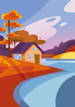 House on the lake in autumn season. Nature landscape in portrait format. vector